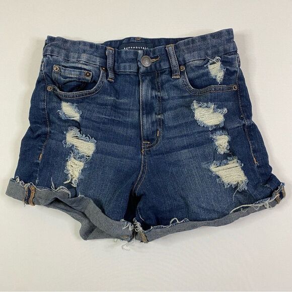 Aeropostale High Rise Curvy Midi Jean Shorts Women's 6 Distressed Cut Off Denim‎ - Picture 1 of 8